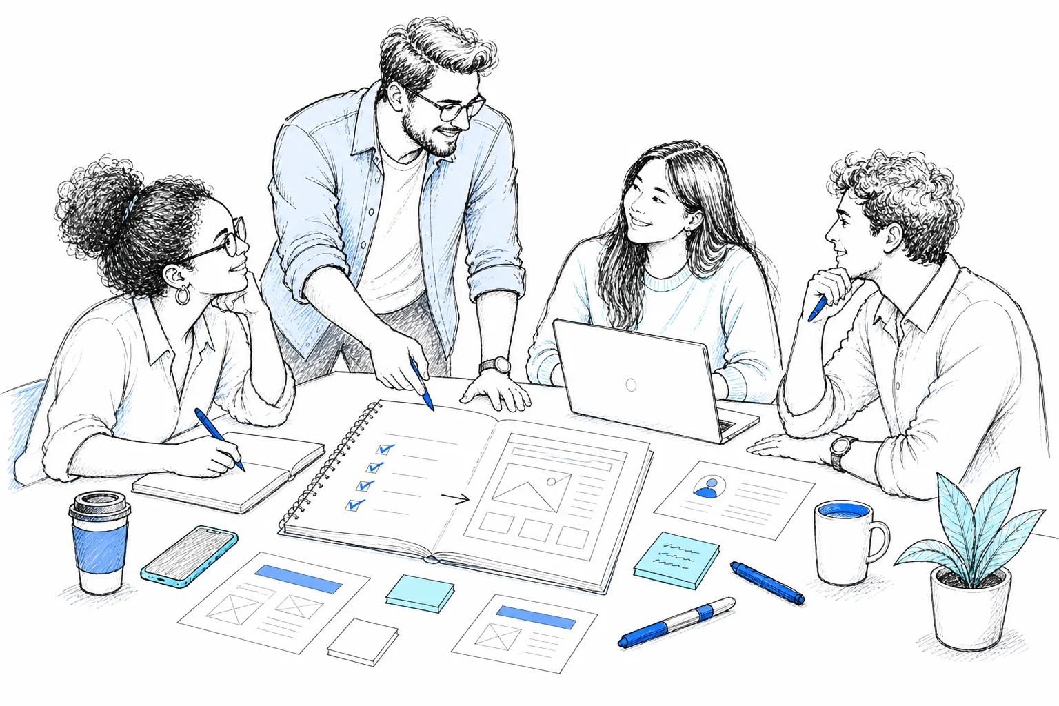 Hand-drawn team collaboration and strategy sketch