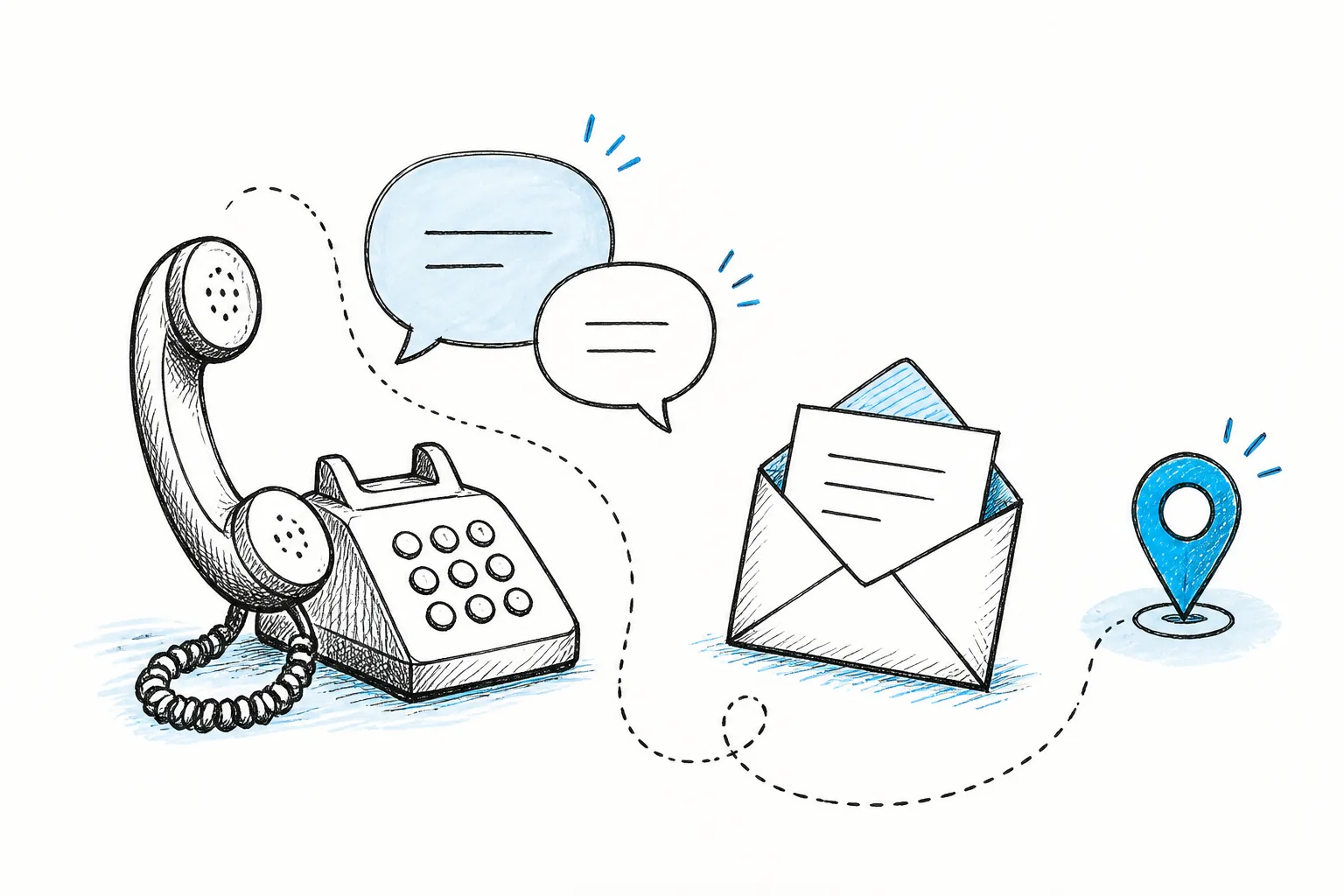 Hand-drawn phone, email, and location contact sketch