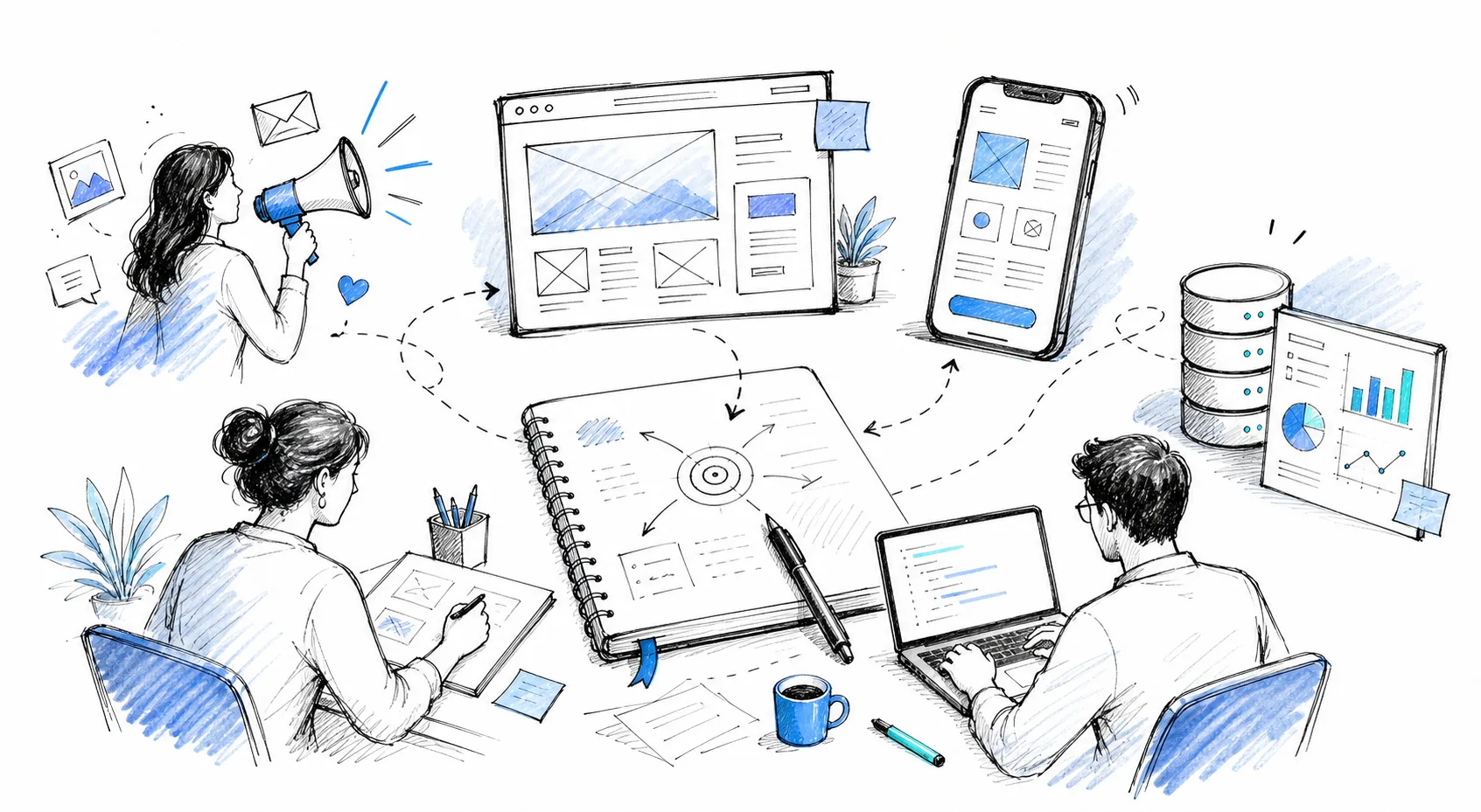 Hand-drawn connected marketing, web, app, and data services sketch